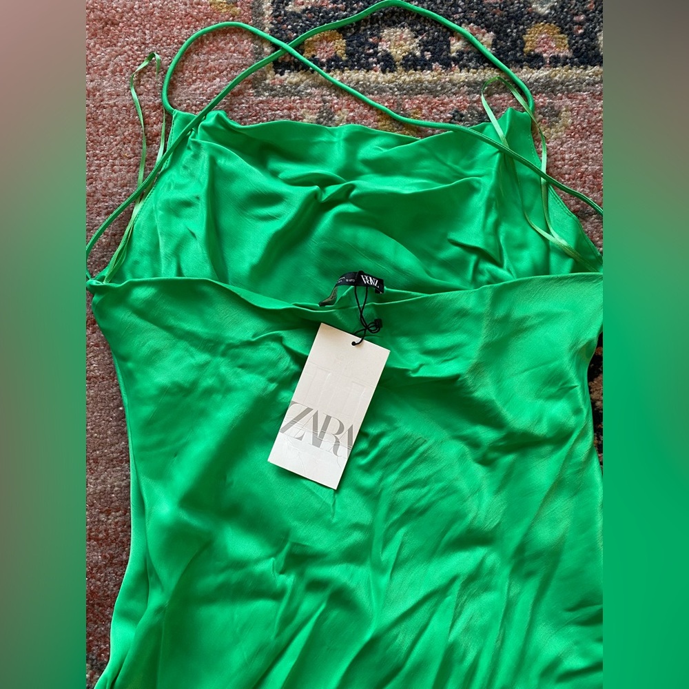 Zara Short Satin Effect Dress Green - Picture 13 of 14